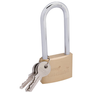 The Draper Redline Padlock, Long Shackle, 50mm - RL-LPL features a brass body, a hardened steel shackle, and three attached keys on a keyring. This general-purpose padlock from Draper offers reliable security for various uses.