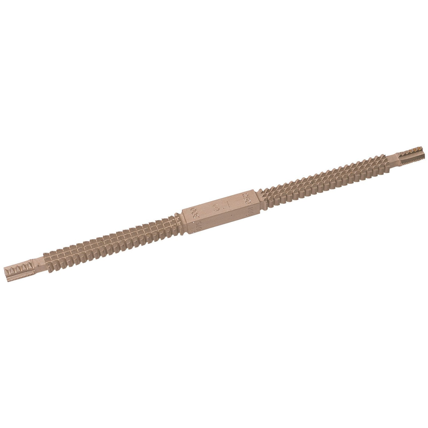 The Draper Metric Thread Restoring File - 22TF from Draper is a double-ended tool featuring a hexagonal central grip and notched metal sections at both ends, ideal for restoring and rethreading bolts.