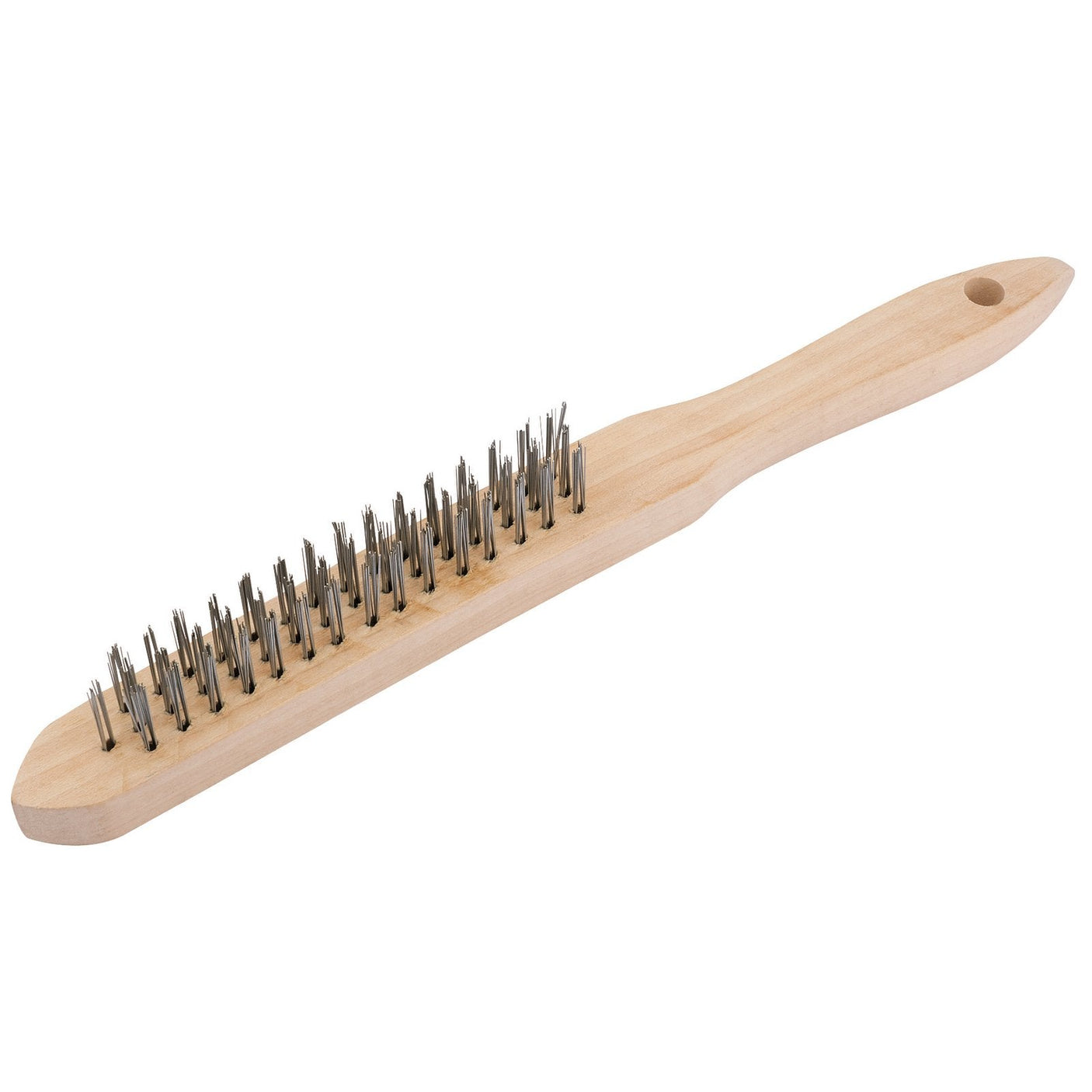 The Draper Redline 3 Row Wire Scratch Brush - RL-WB3, from the reputable brand Draper, features a durable solid wood handle and thick metal bristles. Sold loose, it is perfect for cleaning or removing rust and paint from surfaces.