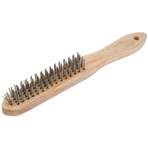 The Draper Redline 4 Row Wire Scratch Brush - RL-WB4 is equipped with a hardwearing solid wood handle and durable metal bristles. This effective tool by Draper also features a hole at the end of the handle for convenient hanging, making it ideal for those seeking scratch brushes that combine durability and functionality.