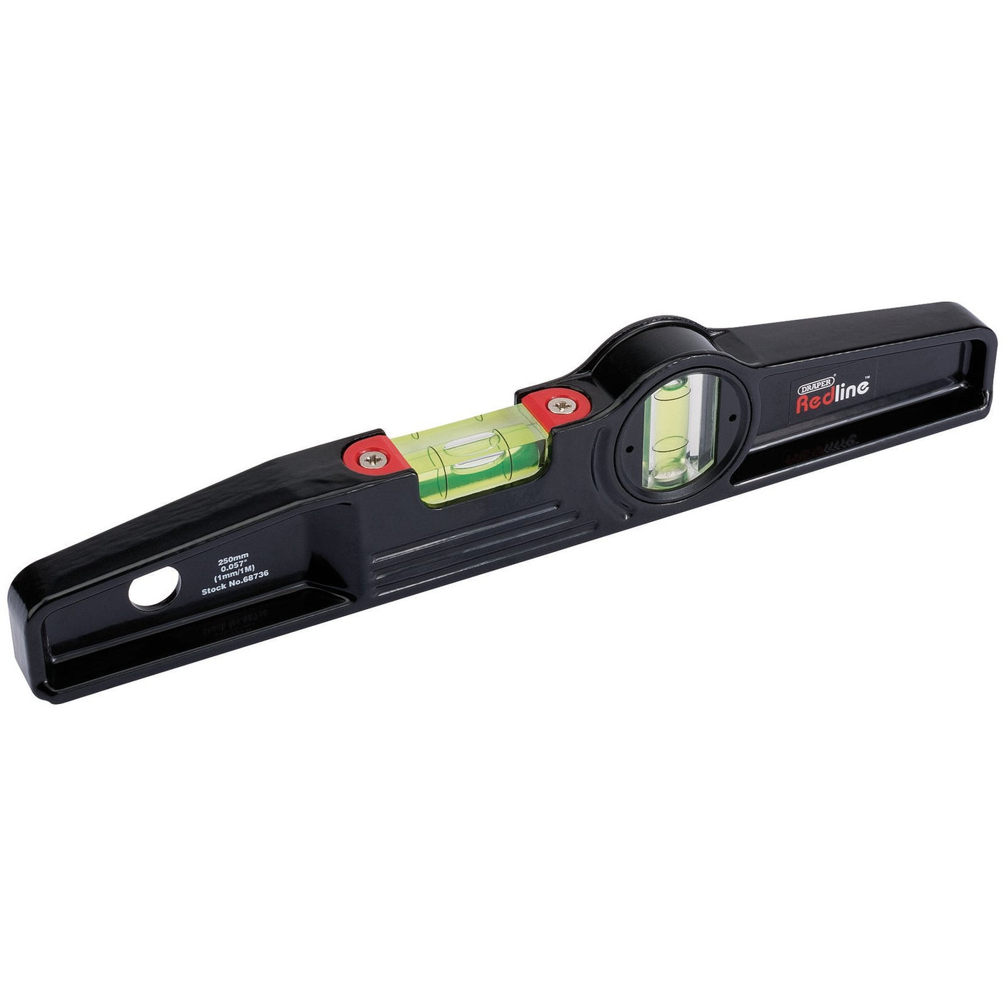 The Draper Redline Cast Boat Level, 250mm - RL-BL250, by Draper, is a black plastic spirit level with a precision milled base that features two green bubble vials, ensuring an accuracy of 1.0mm per 1M within its metal frame.