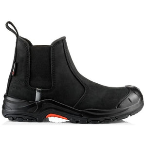 Introducing the *SPECIAL PRICE* Buckler - Nubuckz Safety Dealer Boot Nkz101Bk by JMCE in UK size 9: a black slip-on work boot with a reinforced composite toe cap, pull-on loop at the back, and a sturdy slip-resistant rubber sole featuring an orange accent.