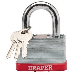 The Draper Redline Laminated Steel Padlock, 65mm - RL-SLPL is a silver general purpose padlock with three attached keys. It features a red base displaying the "DRAPER" brand name and boasts a hardened steel shackle for enhanced protection along with an official Draper Security Rating.