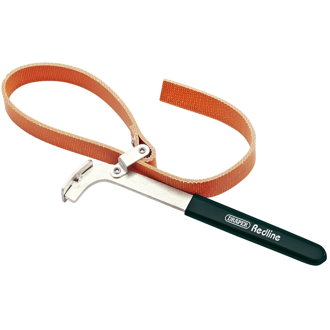 A Draper Redline Oil Filter Strap Wrench, 100mm - RL-OFW, featuring an orange reinforced rubber strap and a metal handle with a black grip.