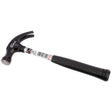 Introducing the Draper Redline Claw Hammer, 450G/16Oz - RL-CHS/D: This high-quality tool features a black handle with a comfortable rubber grip and a durable, metallic head. The handle is designed with a textured surface for enhanced control, while the polished striking face ensures precise performance. Constructed from robust carbon steel, it also includes a barcode label near the head for easy identification.