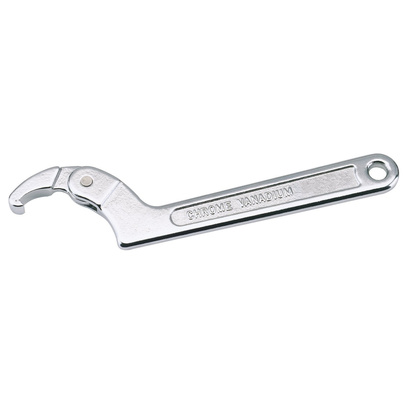 The Draper Hook Wrench, 32 - 76mm - HWC by Draper is crafted from chrome vanadium steel with a metallic finish. It features a curved hook on one end and a hole at the other end for hanging.