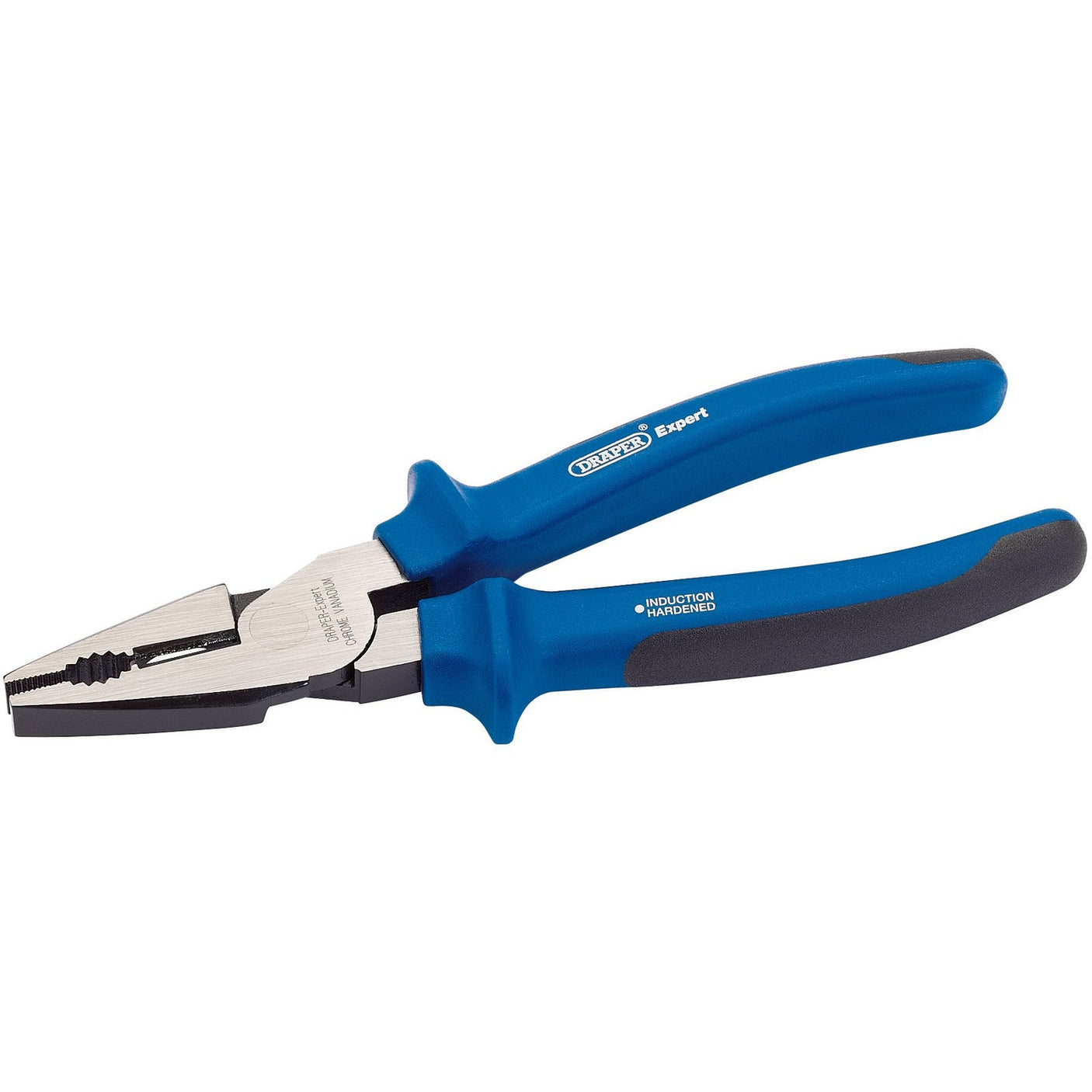 Image of Draper Heavy Duty Soft Grip High Leverage Combination Pliers, 200mm (63BNHL) with blue handles, made from drop forged chrome vanadium steel, featuring serrated jaws and a cutting edge.