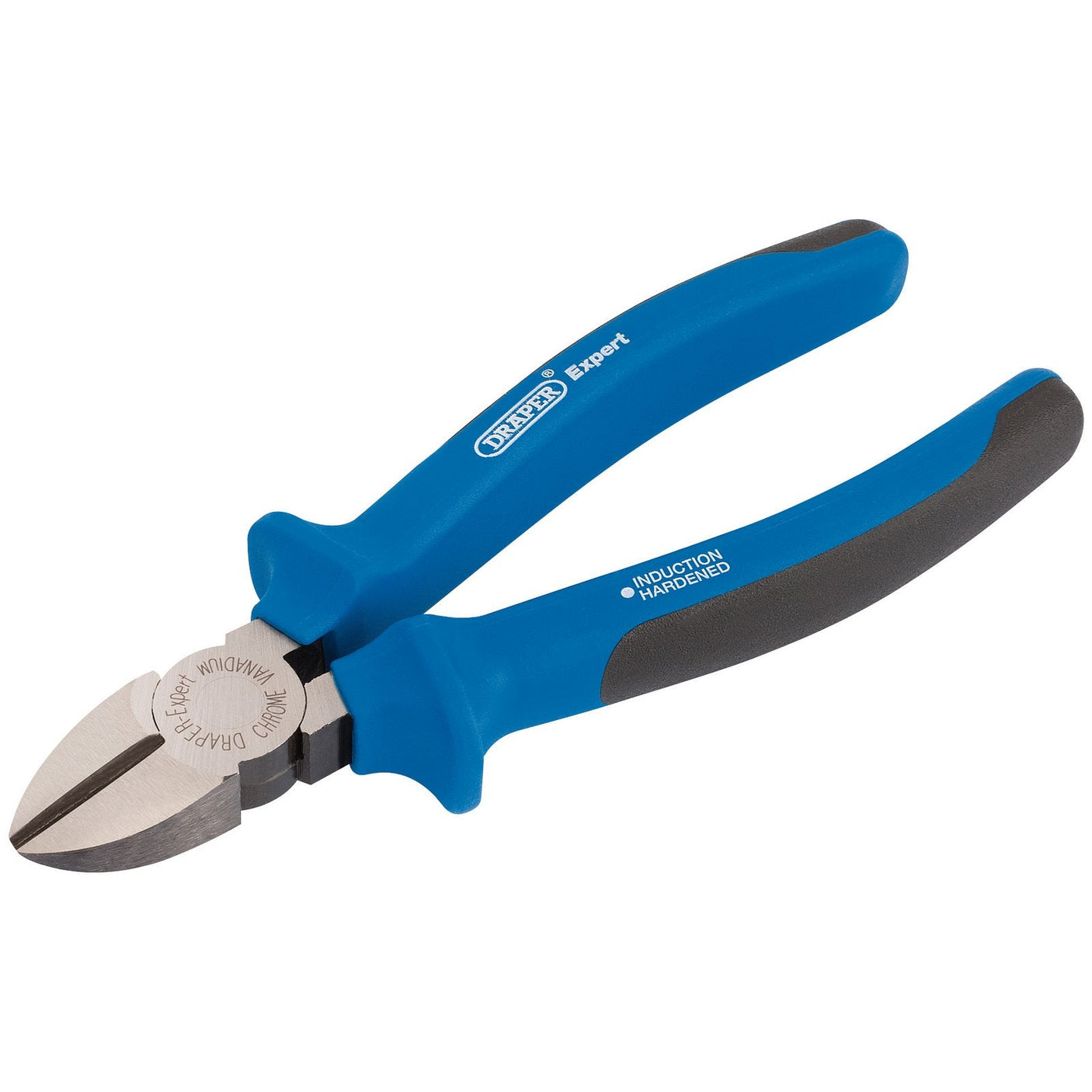 Draper Heavy Duty Soft Grip Diagonal Side Cutter, 160mm - 41BN features blue handles and silver metal jaws constructed from chrome vanadium steel. The pliers are marked with "Draper Expert" and "Induction Hardened.