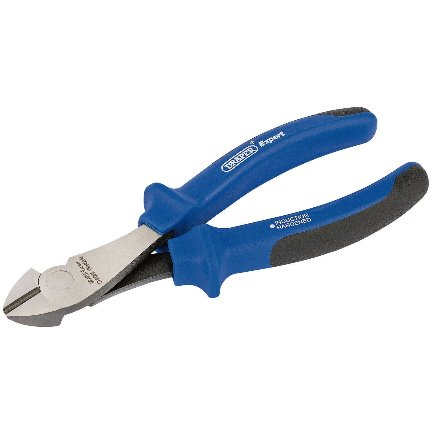 The Draper Heavy Duty Soft Grip High Leverage Diagonal Side Cutter, 160mm - 41BNHD, features blue and black handles labeled "EXPERT" and is made from induction-hardened chrome vanadium steel for enhanced durability.