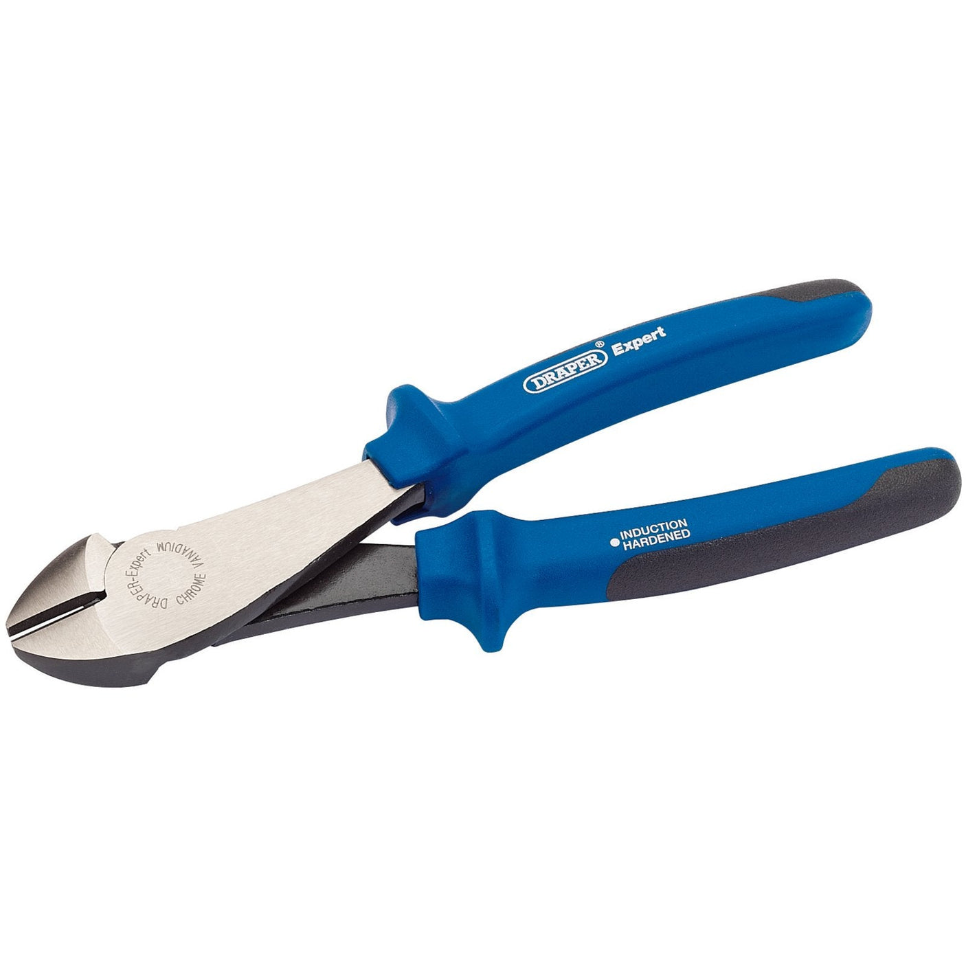 A pair of Draper Heavy Duty Soft Grip High Leverage Diagonal Side Cutters, 180mm - 41BNHD, featuring blue handles with the Draper Expert branding and crafted from durable chrome vanadium steel.