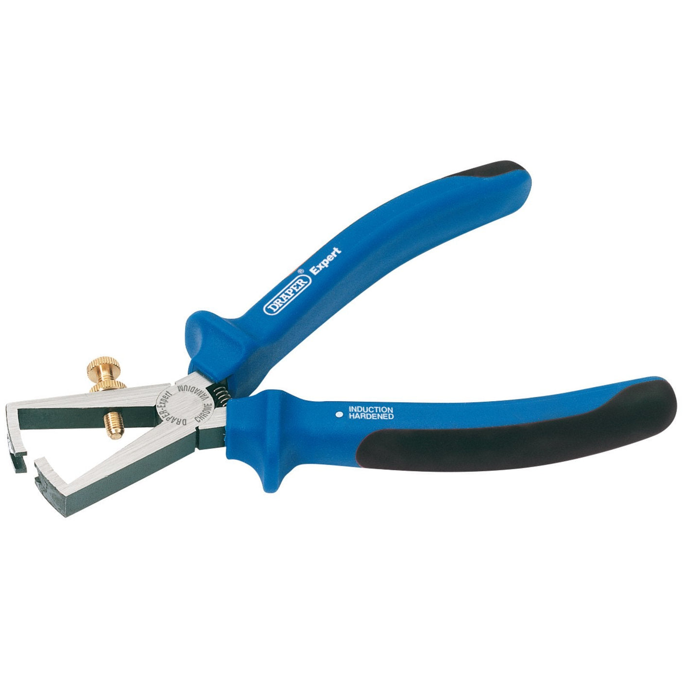 The Draper Heavy Duty Soft Grip Wire Stripping Pliers, 150mm - 79BSUN, feature blue handles, an adjustable brass screw, and hardened heavy-duty chrome vanadium steel cutting blades. Labeled "Expert" for their quality and equipped with slip guards for added safety.