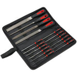 The Draper Redline File Set (16 Piece) - RL-FS16 features various hand files with black and red soft grip handles, all neatly organized in a black zippered case with a carrying strap.