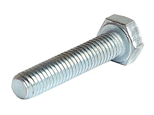 A close-up image of a metallic hex bolt with a threaded shaft and a hexagonal head, resembling the Sparex Metric Setscrew, M5x50mm (DIN 933) with tensile strength 8.8, Sparex Part No. S.6890 and featuring zinc plating.