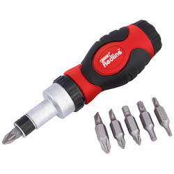 The Draper Redline Ratcheting Screwdriver And Bit Set (6 Piece) - RL-RS6, featuring a red and black design with interchangeable tips, is displayed on a countertop.