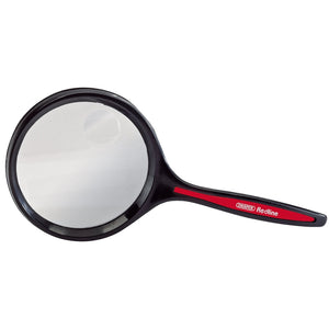 The Draper Redline Round Magnifier, 70mm - RL-MAG70 is a handheld automotive inspection mirror with a black handle featuring a red stripe and the distinctive "Redline" logo, incorporating lightweight magnifiers for enhanced visibility.