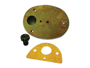 The Tractormeter Drive Assembly, Sparex Part No.S.68972 by Sparex, includes a metal plate with three holes, a black gear-like piece, and a yellow gasket with two holes and one large central cutout. This assembly is ideal for Tractormeter Drive Assembly and compatible with Allis Chalmers models.