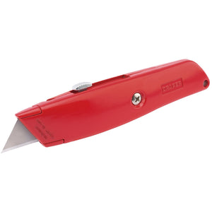 The Draper Redline Retractable Trimming Knife - RL-RTKB/12 is a metal-bodied utility knife featuring a retractable blade and a durable metal screw for adjusting blade length.