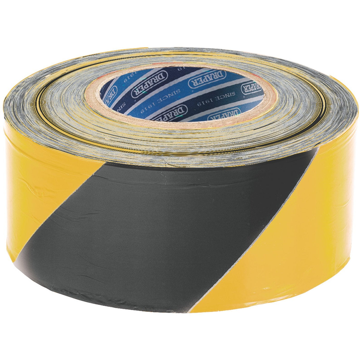 Introducing the Draper Barrier Tape Roll, TP-BAR; a 500M x 75mm roll of black and yellow striped non-adhesive tape with clear Draper branding on the inner side—ideal for marking out areas.