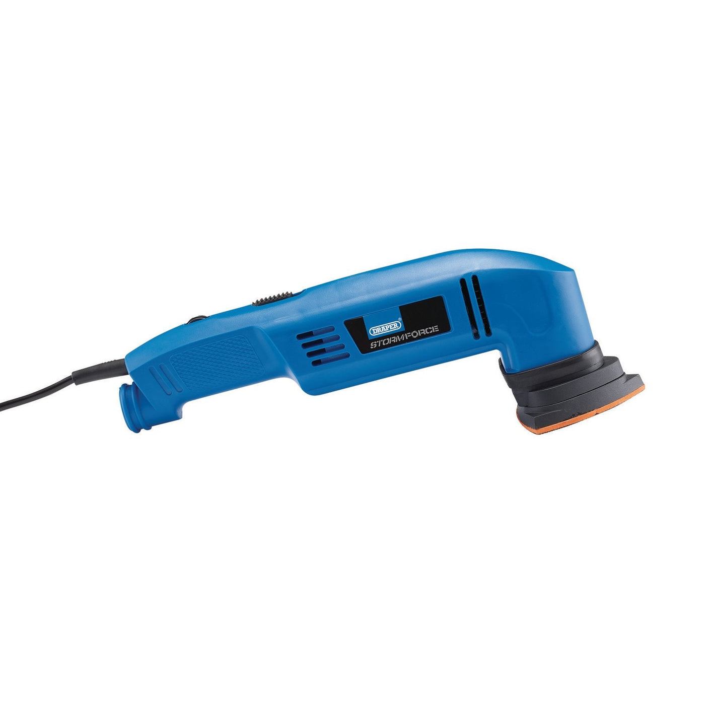 The Draper Storm Force® 230V Tri-Base Sander, 280W - PT280SF is shown in a side view, featuring a blue and black rectangular body with an ergonomic handle, side vents, and a sanding pad at the end. Powered by a robust 280W motor and connected via a power cord, it is compatible with various sanding sheets for versatile use.