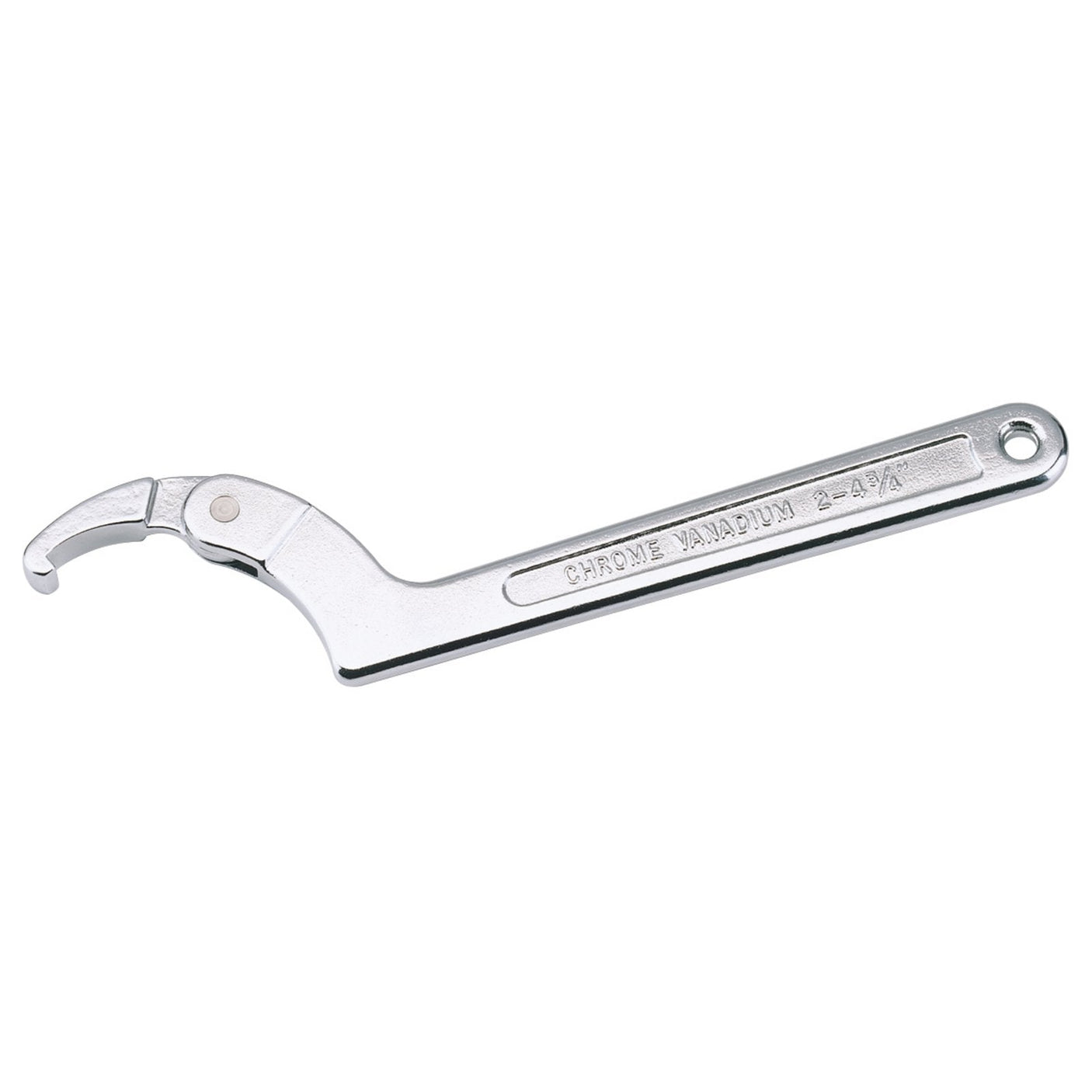 The Draper Hook Wrench, 51 - 121mm - HWC, made of tempered chrome vanadium steel, features a silver finish and an adjustable hook with a hole near the handle end.