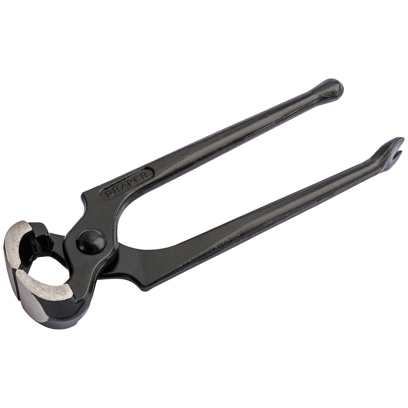 The Draper Redline Carpenters Pincers, 175mm - RL-P2, a black pincer tool with carbon steel cutting edges and two straight ball and claw handles, is typically used for cutting wires or pulling nails.