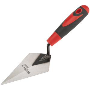 The Draper Redline Soft Grip Pointing Trowel, 150mm - RL-PT/SG/B features a red and black design with a soft grip rubber handle for user comfort and a pointed carbon steel blade. The branding "Redline" is printed on the blade.