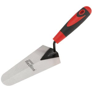 A 175mm gauging trowel with a tempered carbon steel blade and a black and red ergonomic soft grip handle, branded "Draper Redline" on the blade.