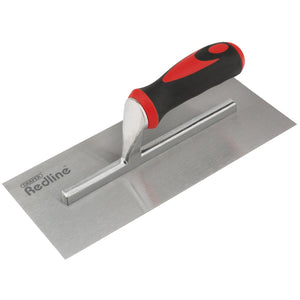 The Draper Redline Soft Grip Plastering Trowel, model RL-PLT/SG/B, features a 280mm stainless steel blade and a red and black ergonomic soft grip handle to ensure user comfort during use.