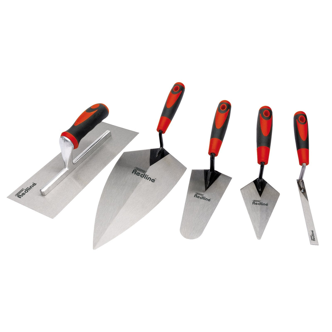 The Draper Redline Trowel Set (5 Piece) - RL-TW/SG/5 features five premium tools with soft grip handles and carbon steel blades, available in various shapes and sizes, laid out on a white background.