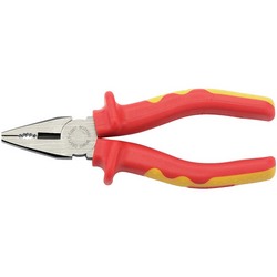 The Draper Expert VDE Approved Fully Insulated Combination Pliers, 160mm - 63AVDE, boasts red and yellow soft grip handles and induction hardened cutting edges, making them ideal for electrical work.