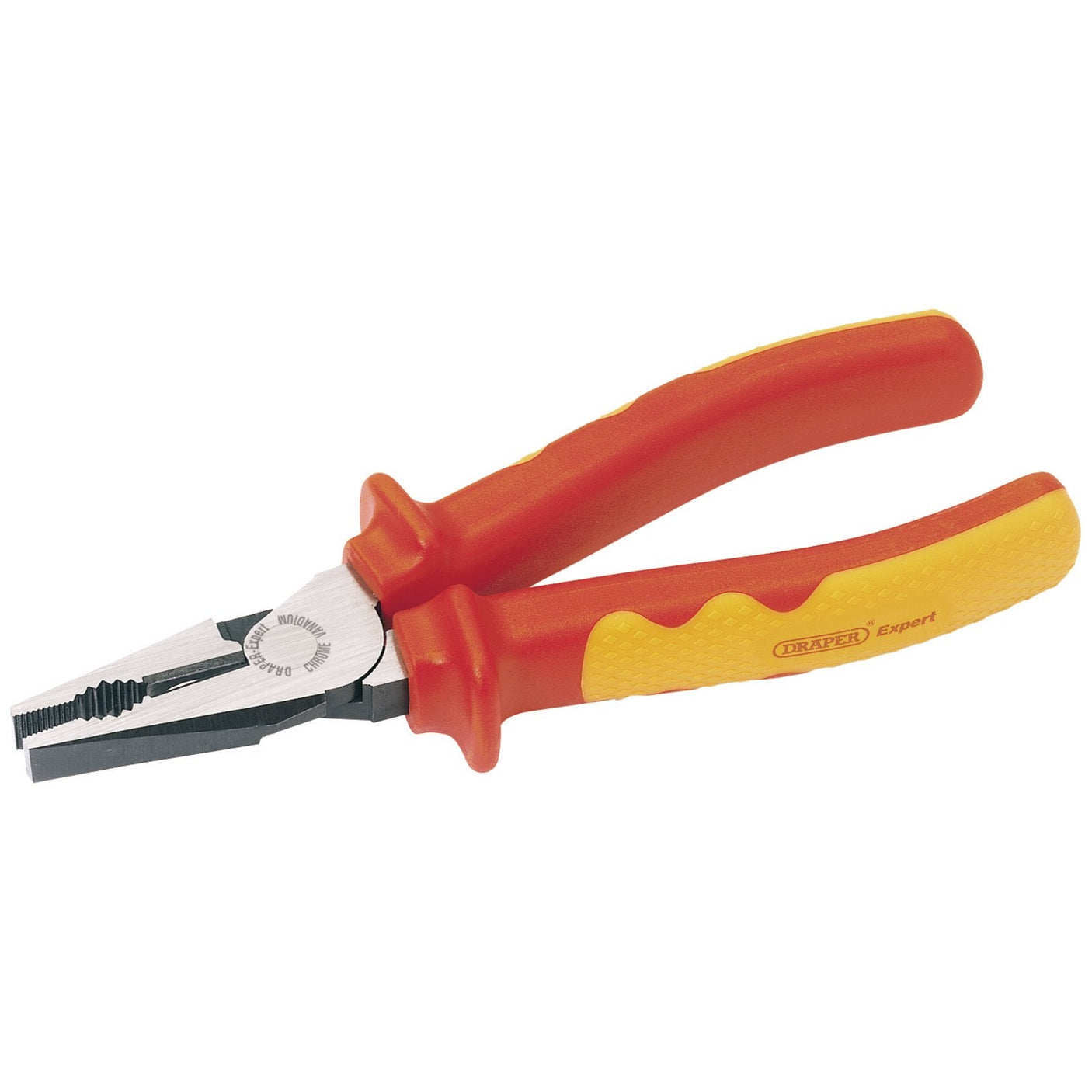 A pair of Draper Vde Approved Fully Insulated High Leverage Combination Pliers, 200mm - 63AHLVDE featuring durable red and yellow handles, crafted from robust chrome vanadium steel and compliant with EN 60900 standards.