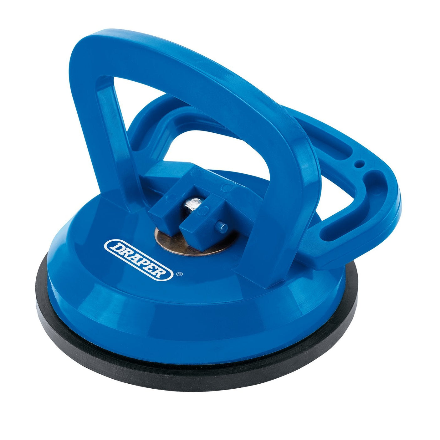 A Draper Suction Cup/Dent Puller, 118mm - SCDP1, featuring blue plastic handles and a black rubber pad, is designed for lifting and positioning smooth-surfaced materials with a high maximum capacity for optimal performance.