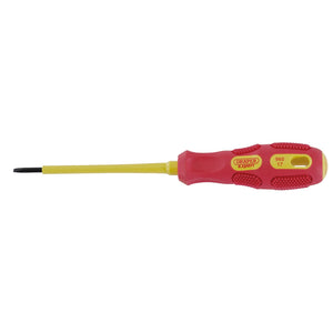 The Draper Vde Approved Fully Insulated Plain Slot Screwdriver, 2.5 X 75mm - 960 features a red and yellow-insulated ergonomic handle with a flat-head tip.