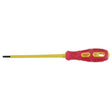 A Draper Vde Approved Fully Insulated Plain Slot Screwdriver, 3.0 X 100mm - 960, featuring red and yellow insulation with a black tip. The handle markings indicate it is an expert model from Draper, EN 60900 certified and tested to withstand up to 10kV.