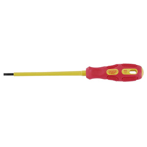 A Draper Vde Approved Fully Insulated Plain Slot Screwdriver, 3.0 X 100mm - 960, featuring red and yellow insulation with a black tip. The handle markings indicate it is an expert model from Draper, EN 60900 certified and tested to withstand up to 10kV.