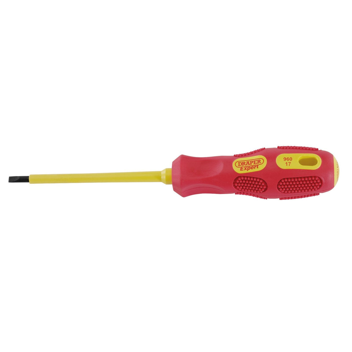 A red and yellow Draper Vde Approved Fully Insulated Plain Slot Screwdriver, 4.0 X 100mm - 960 with a rubber grip handle, designed for working on live circuits and compliant with EN 60900 standards.