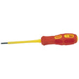 The Draper VDE Approved Fully Insulated Plain Slot Screwdriver, 2.5 X 75mm (Sold Loose) - 960B features a red and yellow design with a flathead tip, constructed from SVCM alloy steel blades. The handle displays the Draper brand logo and text, offering an insulated ergonomic grip for improved comfort. EN 60900 certified, it ensures your safety and peace of mind.