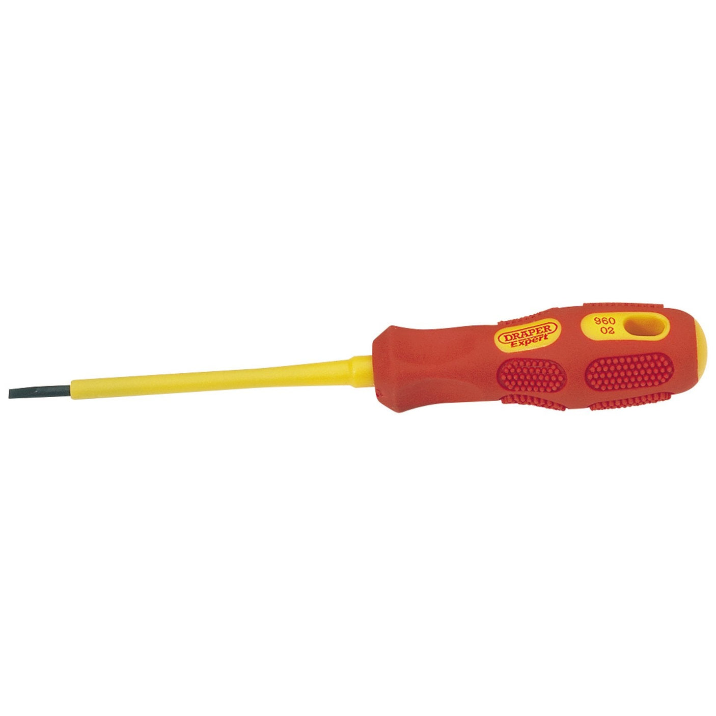 The Draper VDE Approved Fully Insulated Plain Slot Screwdriver, 2.5 X 75mm (Sold Loose) - 960B features a red and yellow design with a flathead tip, constructed from SVCM alloy steel blades. The handle displays the Draper brand logo and text, offering an insulated ergonomic grip for improved comfort. EN 60900 certified, it ensures your safety and peace of mind.