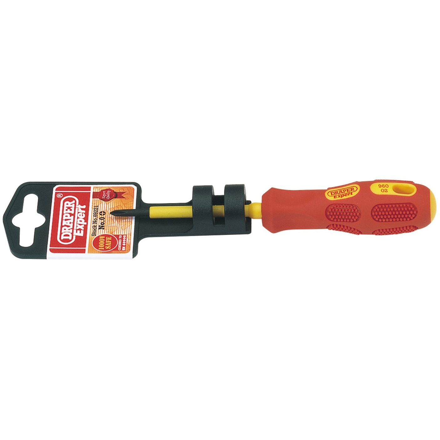 The Draper Vde Approved Fully Insulated Cross Slot Screwdriver, No.0 X 60mm - 960CS features a black handle with a hang tag displaying the Draper brand logo. Designed for working on live circuits, it is tested to 10kV in compliance with EN 60900 standards and has red and yellow insulation.