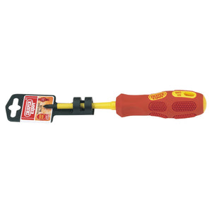 The Draper Vde Approved Fully Insulated Cross Slot Screwdriver, No.1 X 80mm - 960CS, crafted with SVCM alloy steel blades in red and yellow, comes with a protective cover and packaging tag attached.