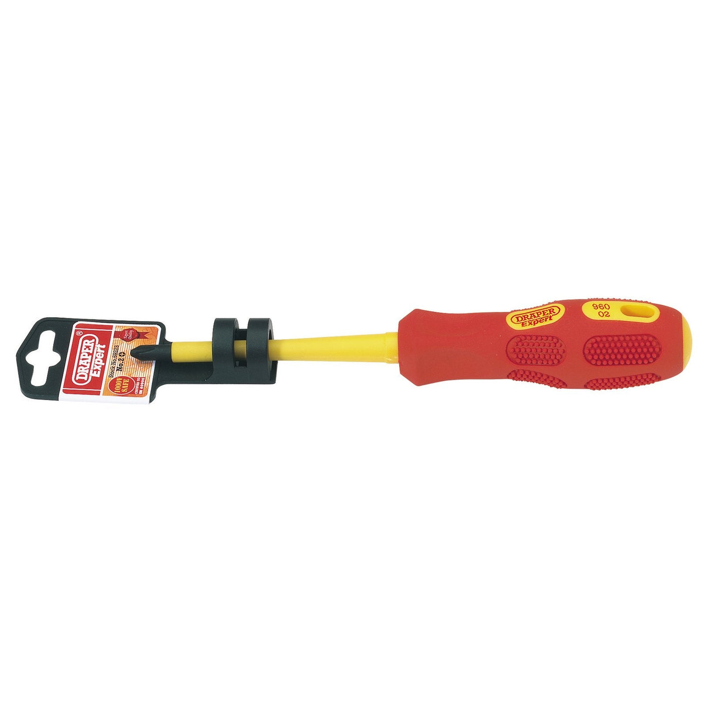 A red and yellow Draper VDE Approved Fully Insulated Cross Slot Screwdriver, No. 2 x 100mm - 960CS, featuring an ergonomic handle and SVCM alloy steel blades, in its packaging.