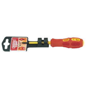 A Draper Vde Approved Fully Insulated Pz Type Screwdriver, No.0 X 60mm - 960PZ with a red and yellow fully insulated handle, crafted from SVCM alloy steel, attached to black and red packaging. Tested to 10kV for optimal safety and performance.