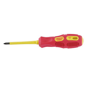 A red and yellow insulated screwdriver with a PZ type blade, marked "Draper" with model number "960PZ", featuring an ergonomic handle for comfortable use. Designed to meet EN 60900 standards, it's ideal for working on live circuits.