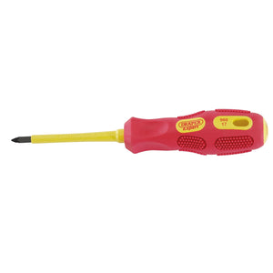 A red and yellow insulated screwdriver with a PZ type blade, marked "Draper" with model number "960PZ", featuring an ergonomic handle for comfortable use. Designed to meet EN 60900 standards, it's ideal for working on live circuits.