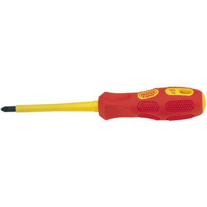 A Draper Vde Approved Fully Insulated Pz Type Screwdriver, No.2 X 100mm (Sold Loose) - 960PZB, featuring a red and yellow insulated ergonomic handle, certified to EN 60900 and ideal for use on live circuits.