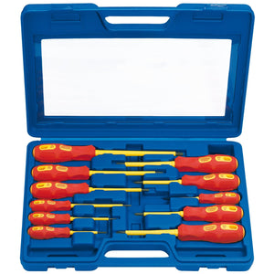 The Draper Vde Approved Fully Insulated Screwdriver Set (11 Piece) - 960/11 comes in a blue plastic tool case and features a set of eleven insulated screwdrivers with red and yellow handles, crafted from SVCM alloy steel, each arranged neatly in designated slots.