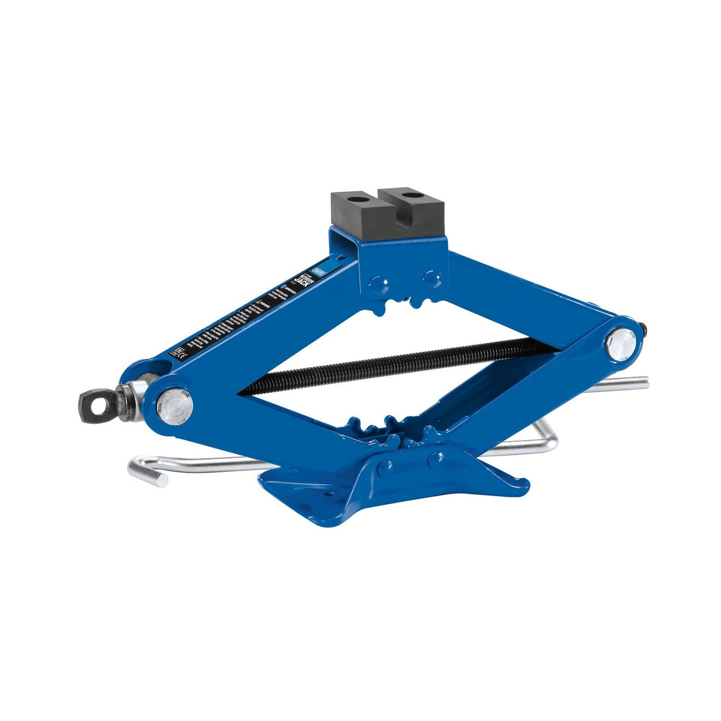 The Draper Mechanical Scissor Jack, 1.5 Tonne - SJ1500-B features a blue exterior with a black central screw mechanism and a silver turning handle. It is specifically designed for lifting vehicles and boasts a compact design that makes it ideal for easy storage.