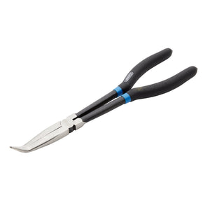 A pair of Draper Long Reach Bent Nose Pliers, 280mm - 36AL/BG, featuring black PVC dipped handles with blue bands near the pivot and serrated jaws for a secure grip.