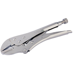 A pair of Draper Straight Jaw Self Grip Pliers, 300mm - 9007A, featuring steel jaws, a curved jaw design, and an adjustment screw at the end.