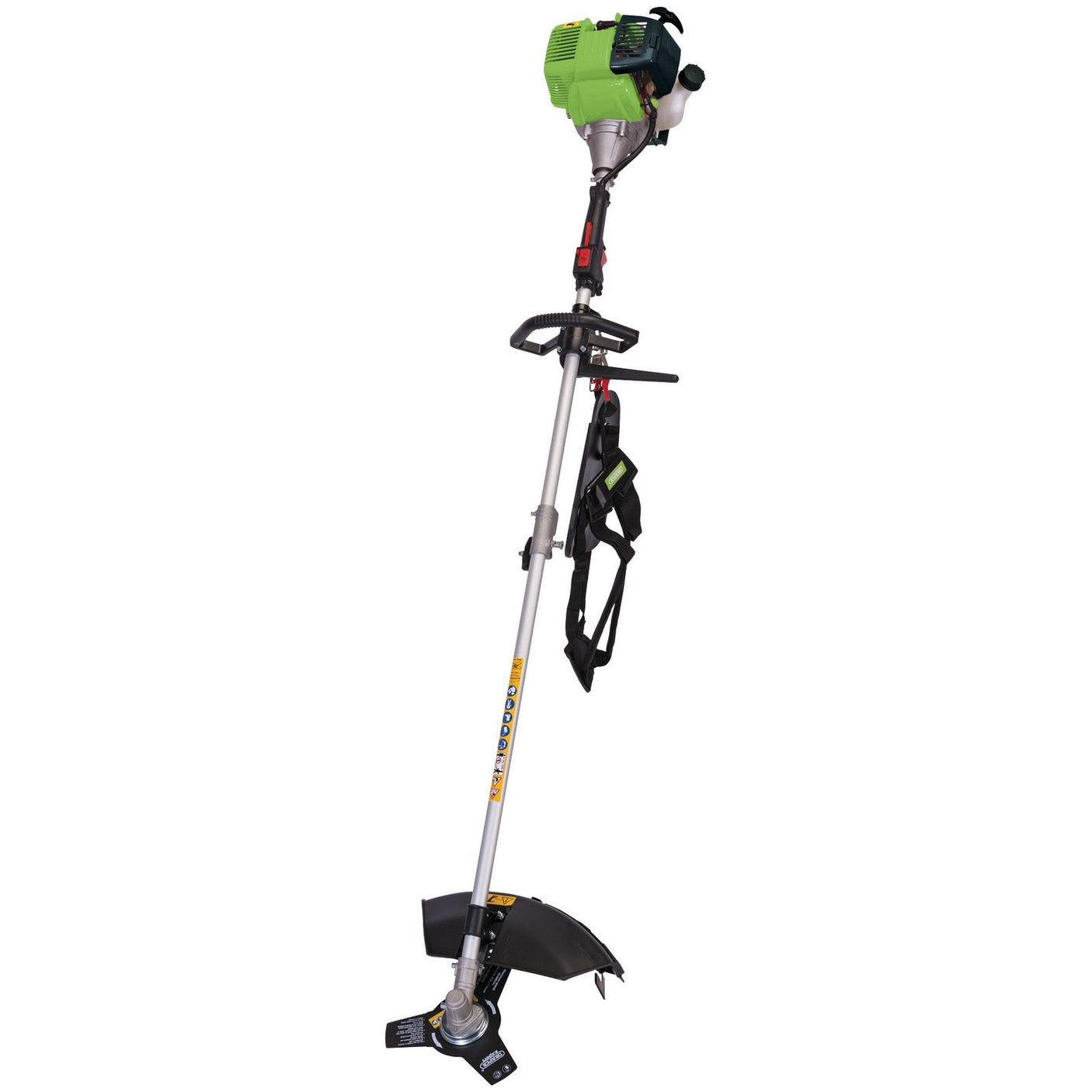 The Draper Four Stroke Petrol Brush Cutter, 31Cc - GTP8 by Draper features a green and silver design with a 3-tooth cutting blade, dual handles, and a shoulder strap.